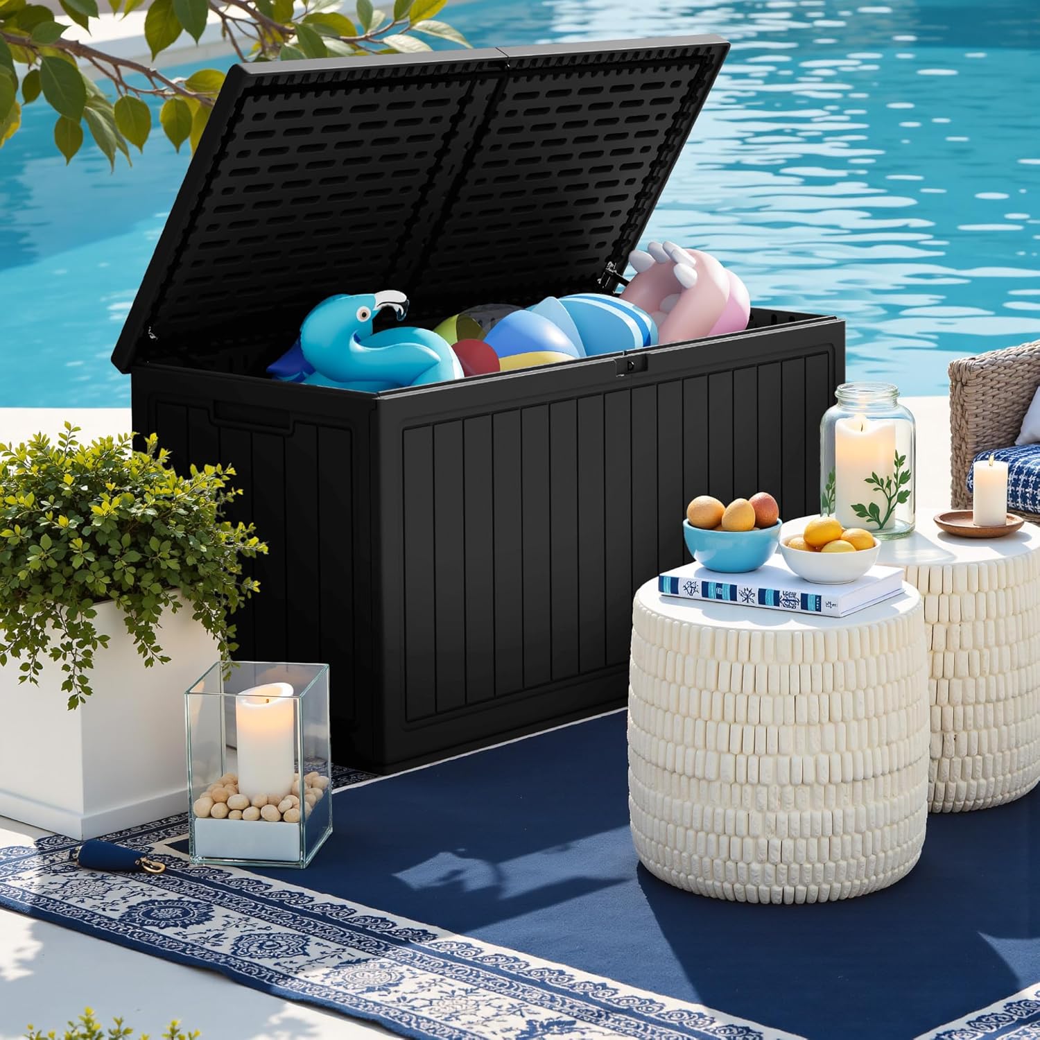 Greesum 31 Gallon Resin Deck Box Large Outdoor Storage for Patio Furniture, Garden Tools, Pool Supplies, Weatherproof and UV Resistant, Lockable, Dark Black