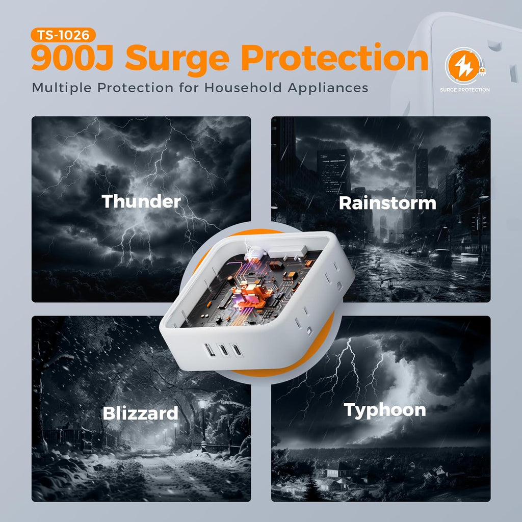 TESSAN Surge Protector Power Strip, 5 Ft Flat Plug Extension Cord with 3 USB (1 USB C) 8 Outlets, 900J Surge Protection, 3 Sided Outlet Extender with Power Switch for Office, Dorm Room Essentials