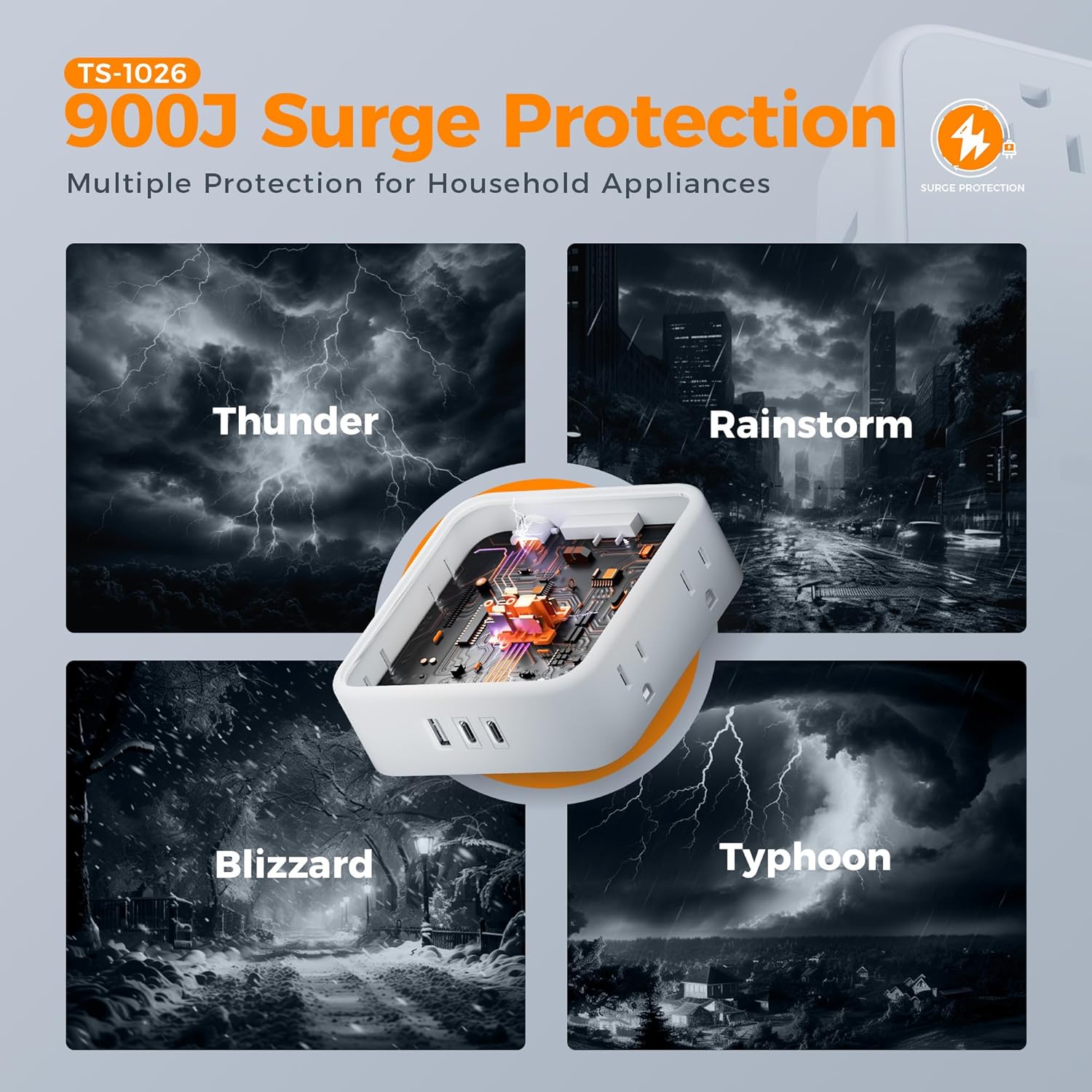 TESSAN Surge Protector Power Strip, 5 Ft Flat Plug Extension Cord with 3 USB (1 USB C) 8 Outlets, 900J Surge Protection, 3 Sided Outlet Extender with Power Switch for Office, Dorm Room Essentials