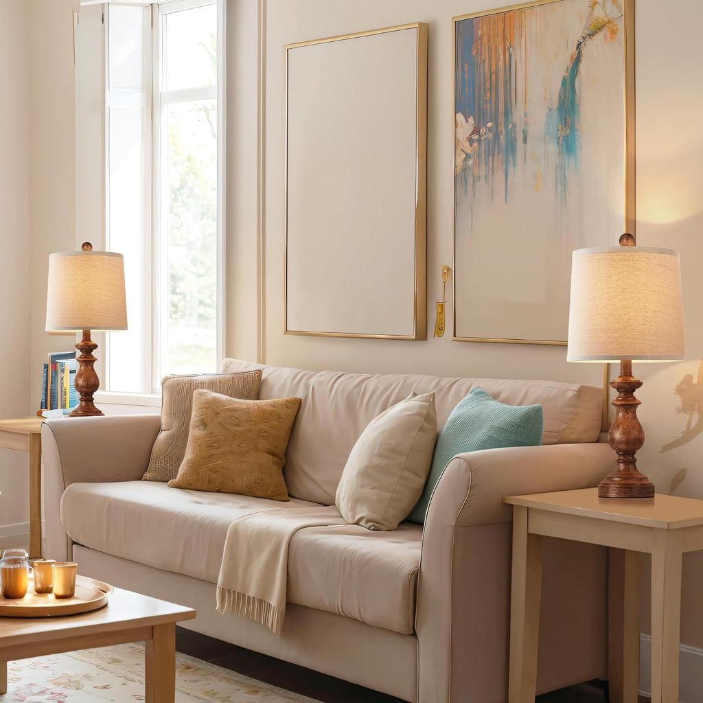 PARTPHONER Traditional Table Lamp Set of 2, Rustic Farmhouse Table Lamps for Living Room Bedroom, 22" Bedside Desk Lamps Vintage Nightstand Lamps with Linen Shades, Antique Grey