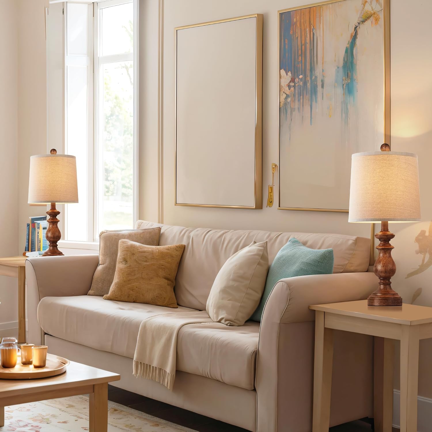 PARTPHONER Traditional Table Lamp Set of 2, Rustic Farmhouse Table Lamps for Living Room Bedroom, 22" Bedside Desk Lamps Vintage Nightstand Lamps with Linen Shades, Antique Grey