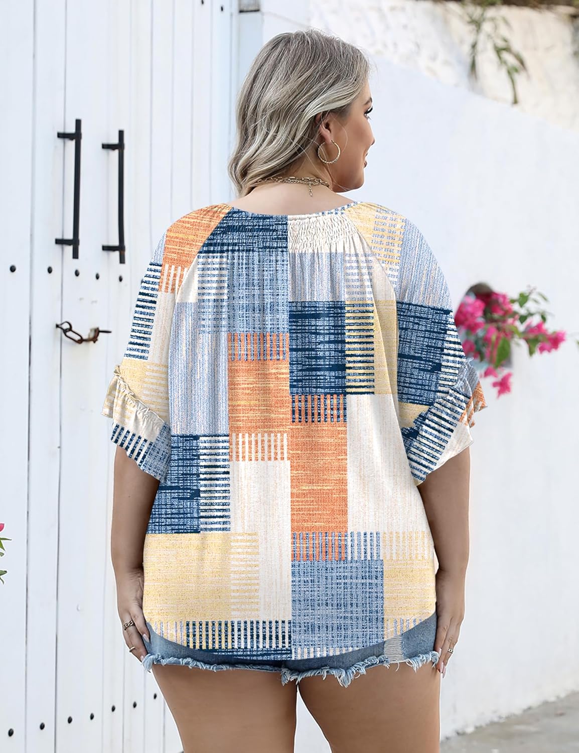 Micoson Womens Plus Size Tops 3/4 Ruffle Sleeve Shirts Crewneck Pleated Blouses Dressy Casual Fashion Tunic Top (1X-5X)