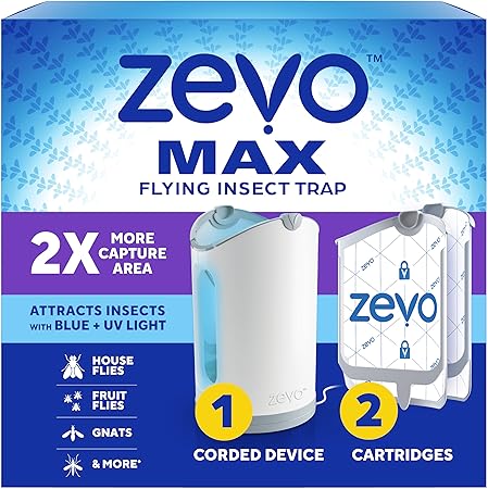 Zevo MAX Bug Catcher & Fly Trap for Indoors - Flying Insect Trap for Gnats, House & Fruit Flies - Use in Any Room - No-Mess Disposal (1 Plug in Base & 2 Cartridges)