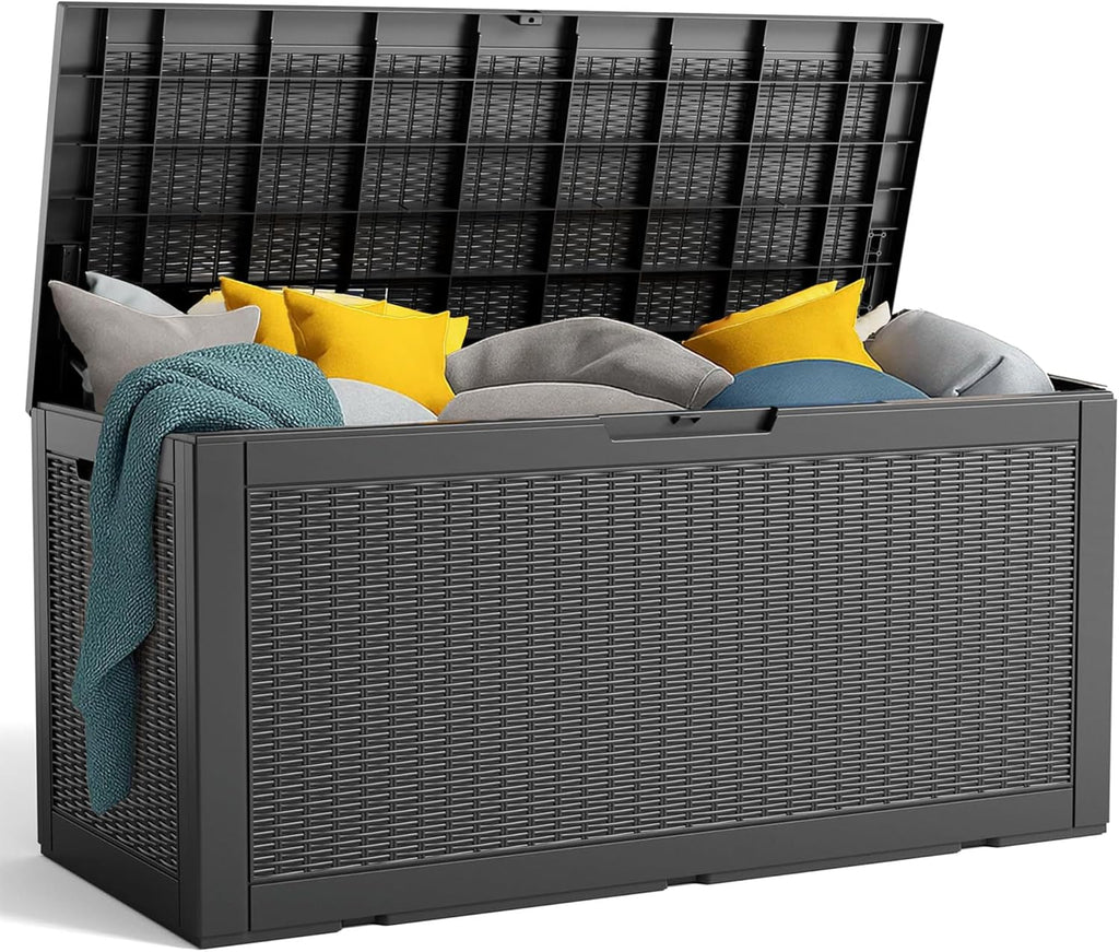 80 Gallon Resin Deck Box, Lockable Patio Outdoor Storage Box for Furniture, Garden Tools and Tools Storage, Waterproof Outside Storage Box - Black