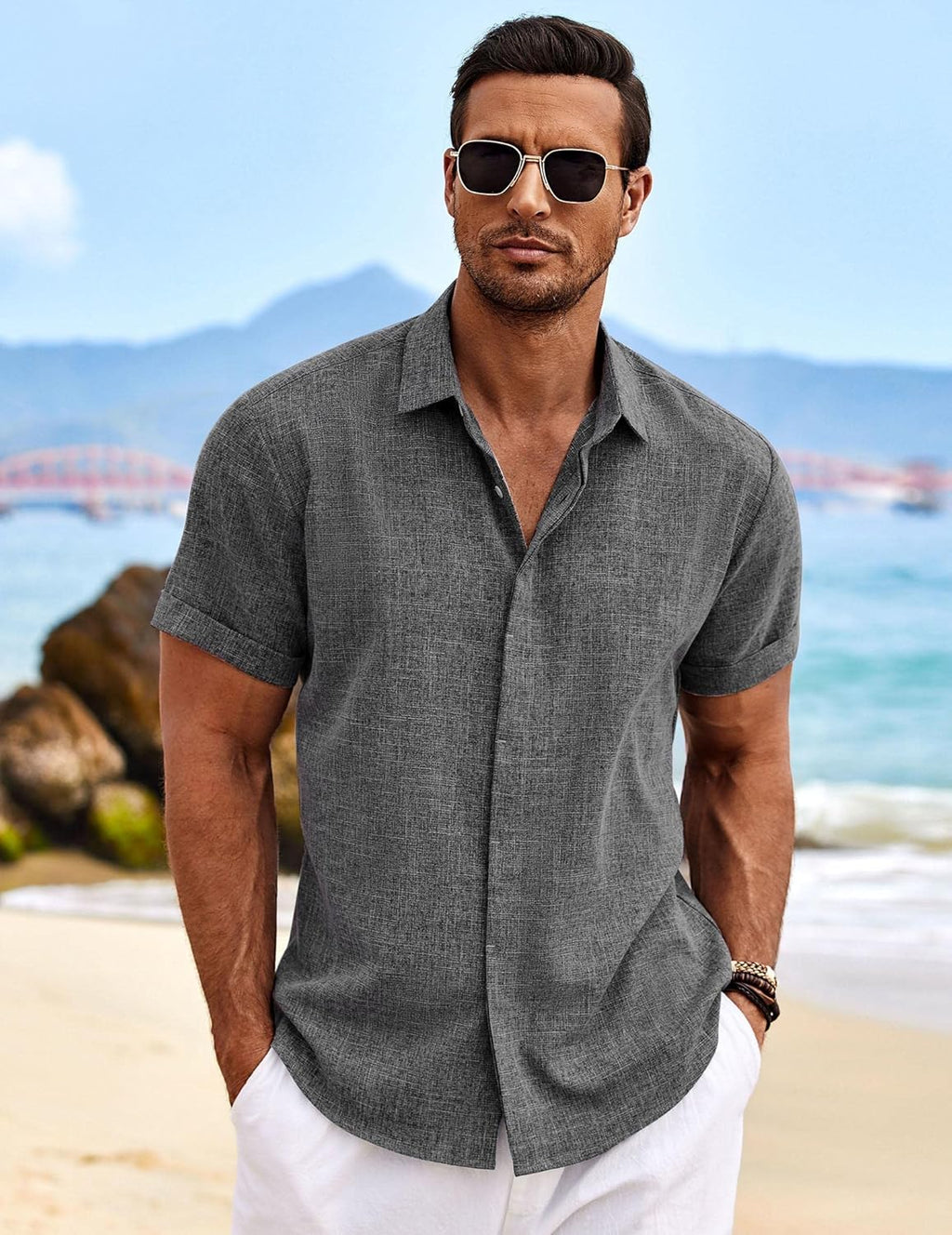 COOFANDY Men's Linen Shirts Short Sleeve Casual Shirts Button Down Shirt for Men Beach Summer Wedding Shirt