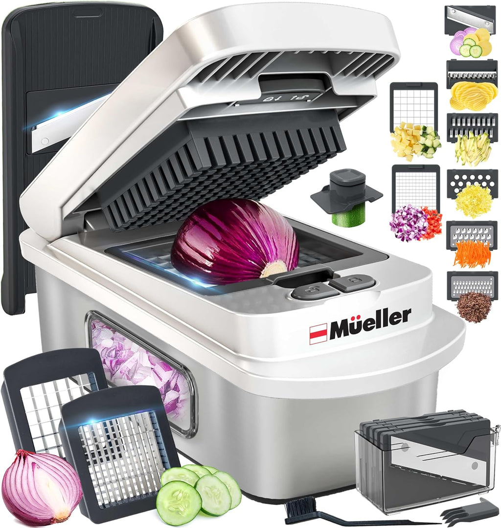 Mueller Pro-Series All-in-One, 12 Blade Mandoline Slicer for Kitchen, Food Chopper, Vegetable Slicer and Spiralizer, Cutter, Dicer, Grater, Kitchen Gadgets Sets with Container, White Sand/Gray