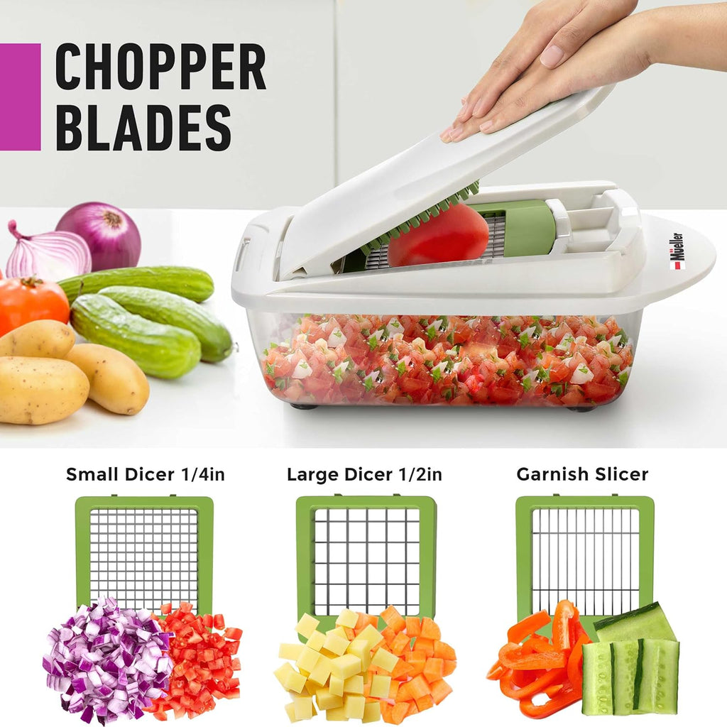 Mueller Pro-Series All-in-One, 12 Blade Mandoline Slicer for Kitchen, Food Chopper, Vegetable Slicer and Spiralizer, Cutter, Dicer, Grater, Kitchen Gadgets Sets with Container, White Sand/Gray