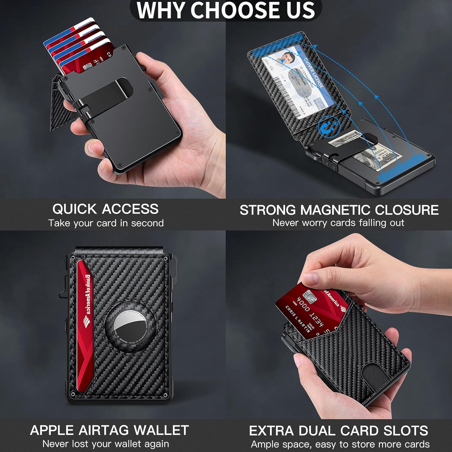 Airtag Wallet for Men, Mens Smart Wallet for Air Tag RFID Blocking, Minimalist Bifold Pop Up Aluminum Credit Card Case Holder 12+ Cards with ID Window, Gift for Men, No Airtag Included, Carbon Fiber