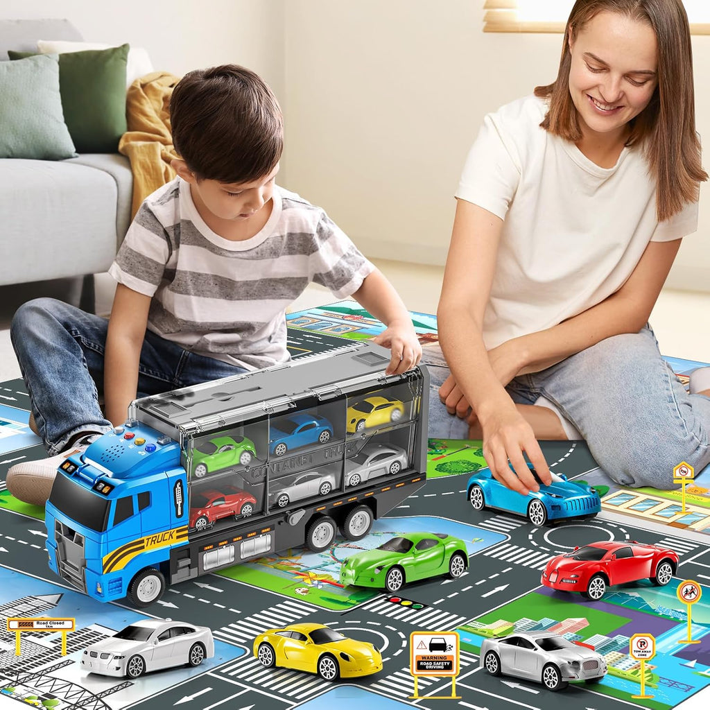 Toddler Boys Construction Truck Vehicle Toy Set with Play Mat and Die-Cast Toy Car, Transport Carrier Truck for Kids 3-5, Birthday Gifts Toys for 3-8 Year Old Boys
