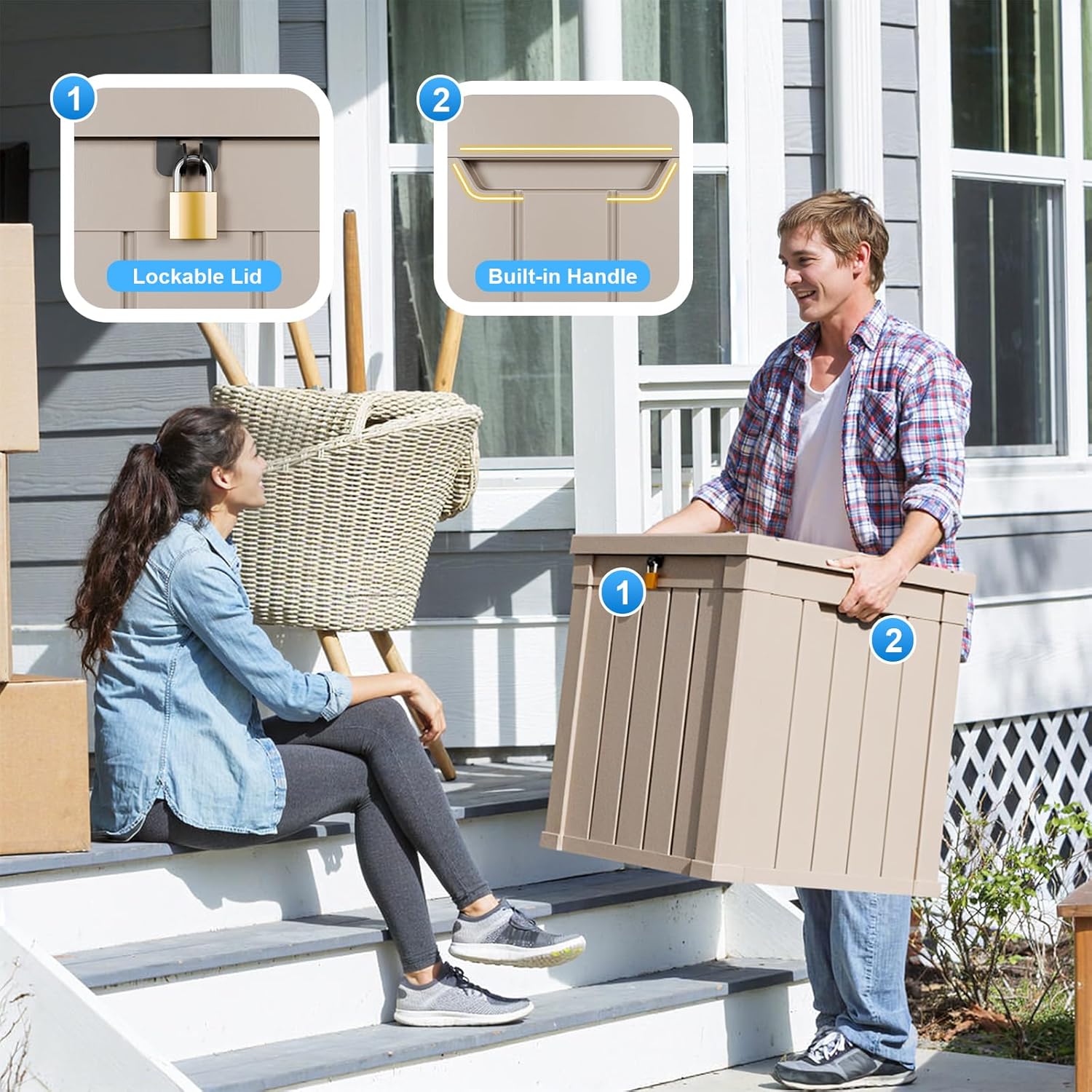 80 Gallon Resin Deck Box, Lockable Patio Outdoor Storage Box for Furniture, Garden Tools and Tools Storage, Waterproof Outside Storage Box - Black