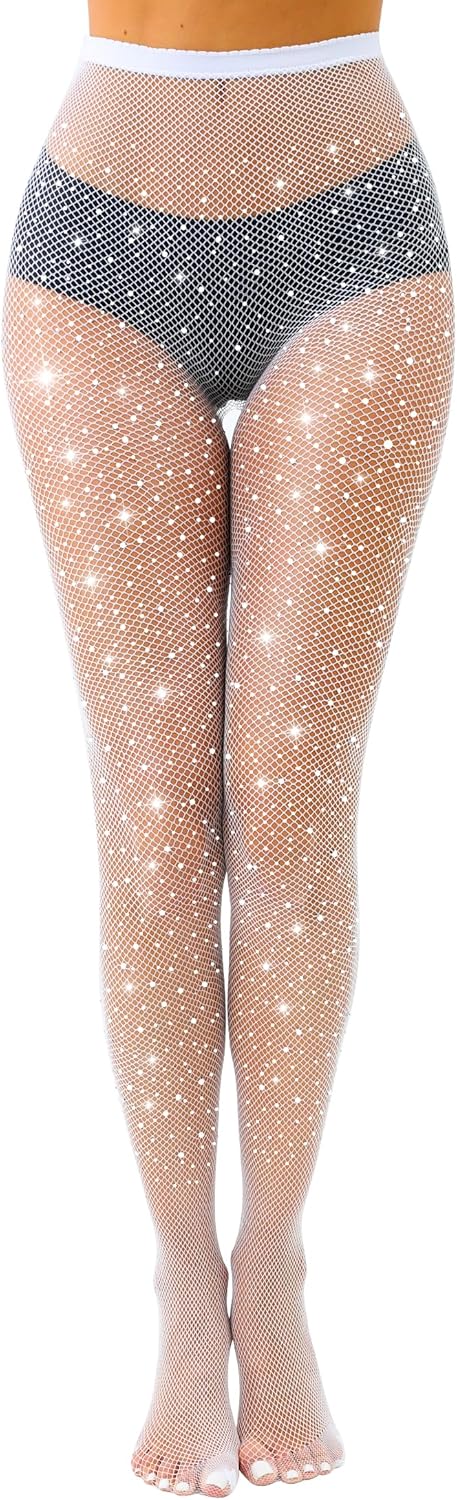 VEBZIN Sexy Sparkly Fishnets Stockings Jeweled High Waist Fishnet Tights for Women Rhinestone Party Pantyhose