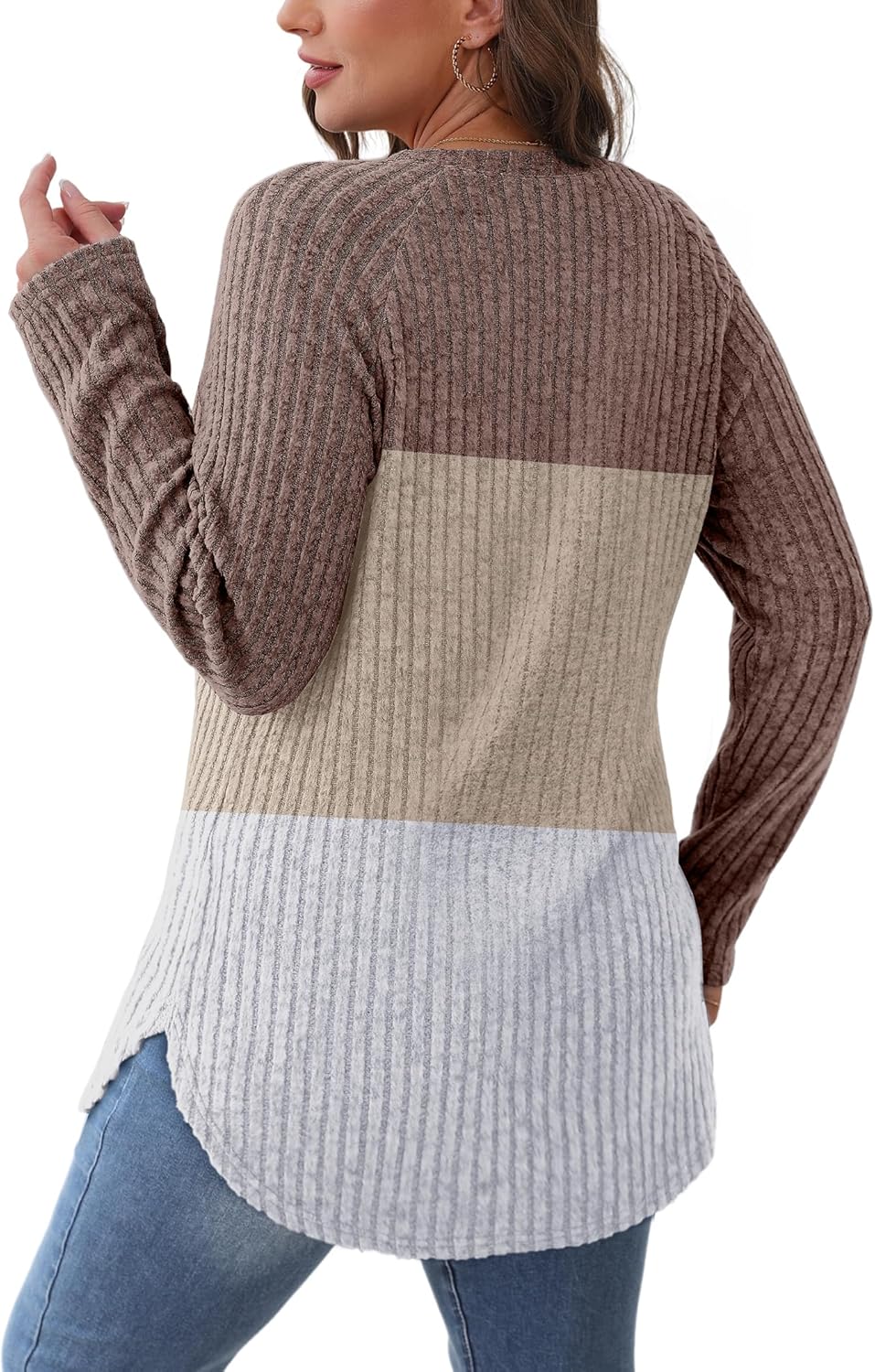 Saloogoe Long Sleeve Shirts for Women 2025 Fall Clothes Tunic Tops Loose Fit Dressy Crewneck Pullover Sweaters Curved Hem