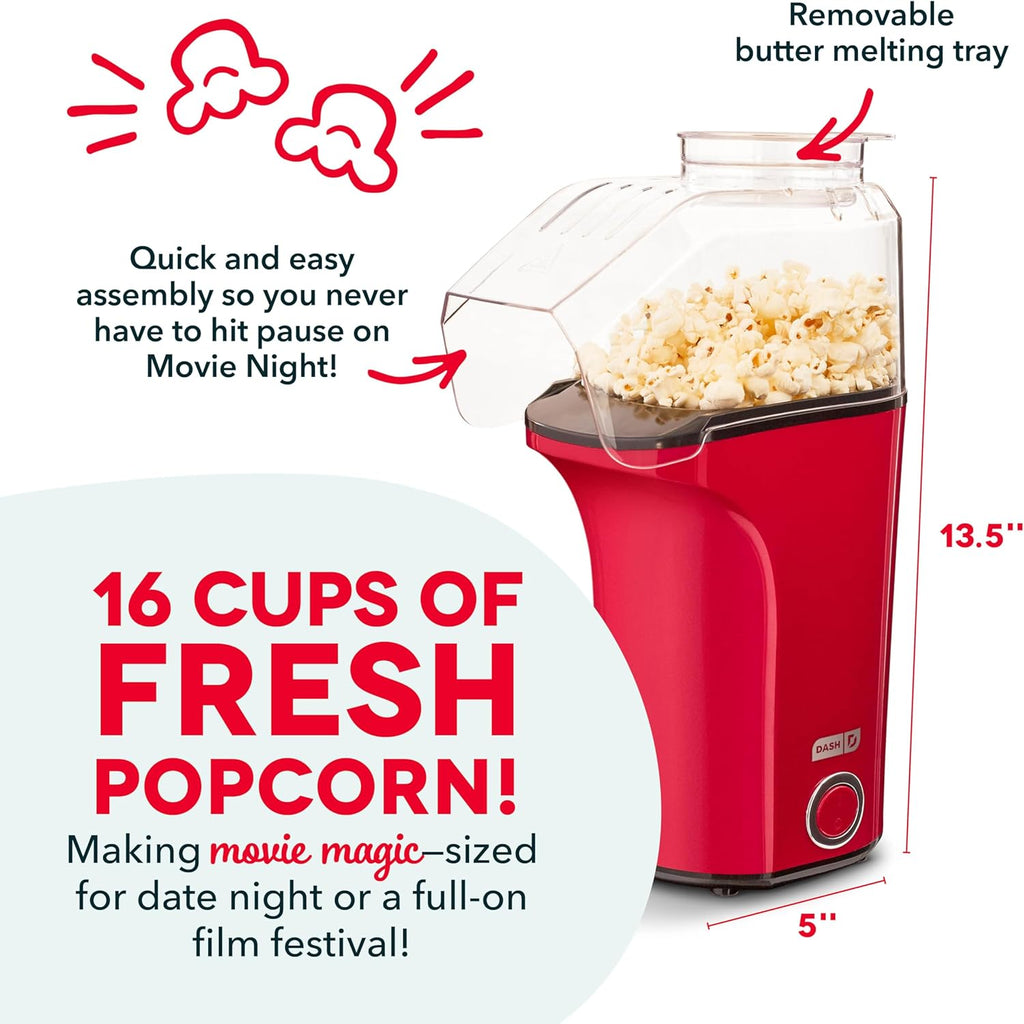 DASH Hot Air Popcorn Popper Maker with Measuring Cup to Portion Popping Corn Kernels + Melt Butter, 16 Cups - Aqua