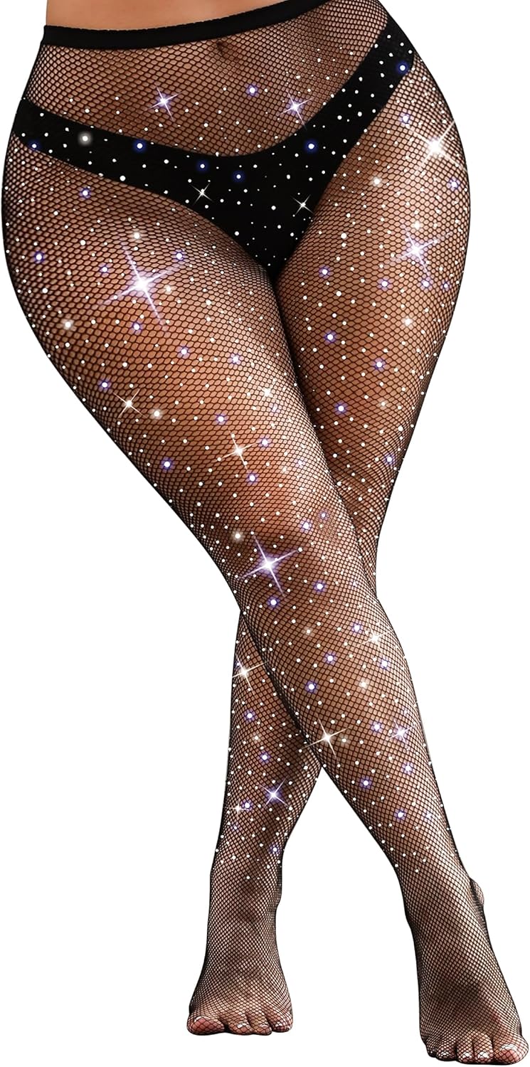 VEBZIN Sexy Sparkly Fishnets Stockings Jeweled High Waist Fishnet Tights for Women Rhinestone Party Pantyhose