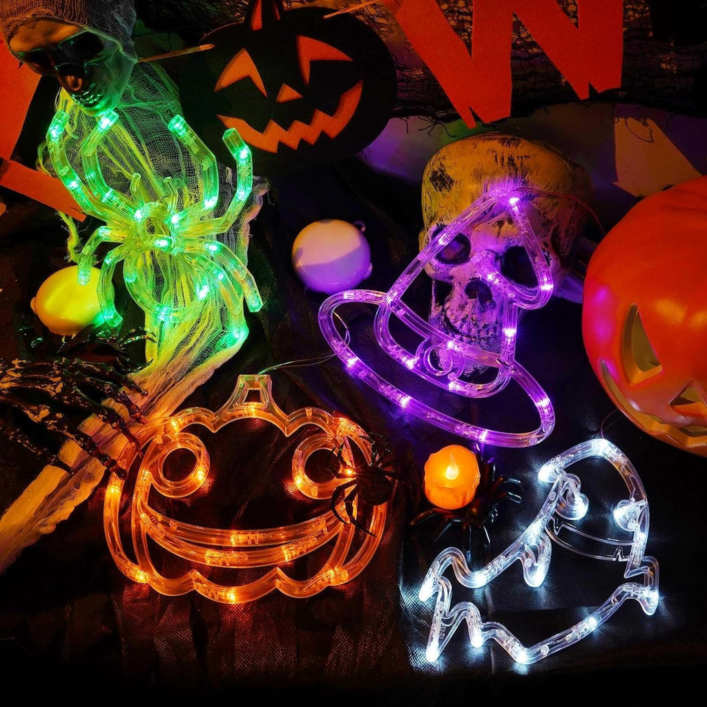 4 Pack Halloween Decorations, Orange Pumpkin, White Ghost, Purple Witch Hat, Green Spider Lights, Battery Operated Halloween Window Lights with Suction Cup and Timer for Decor