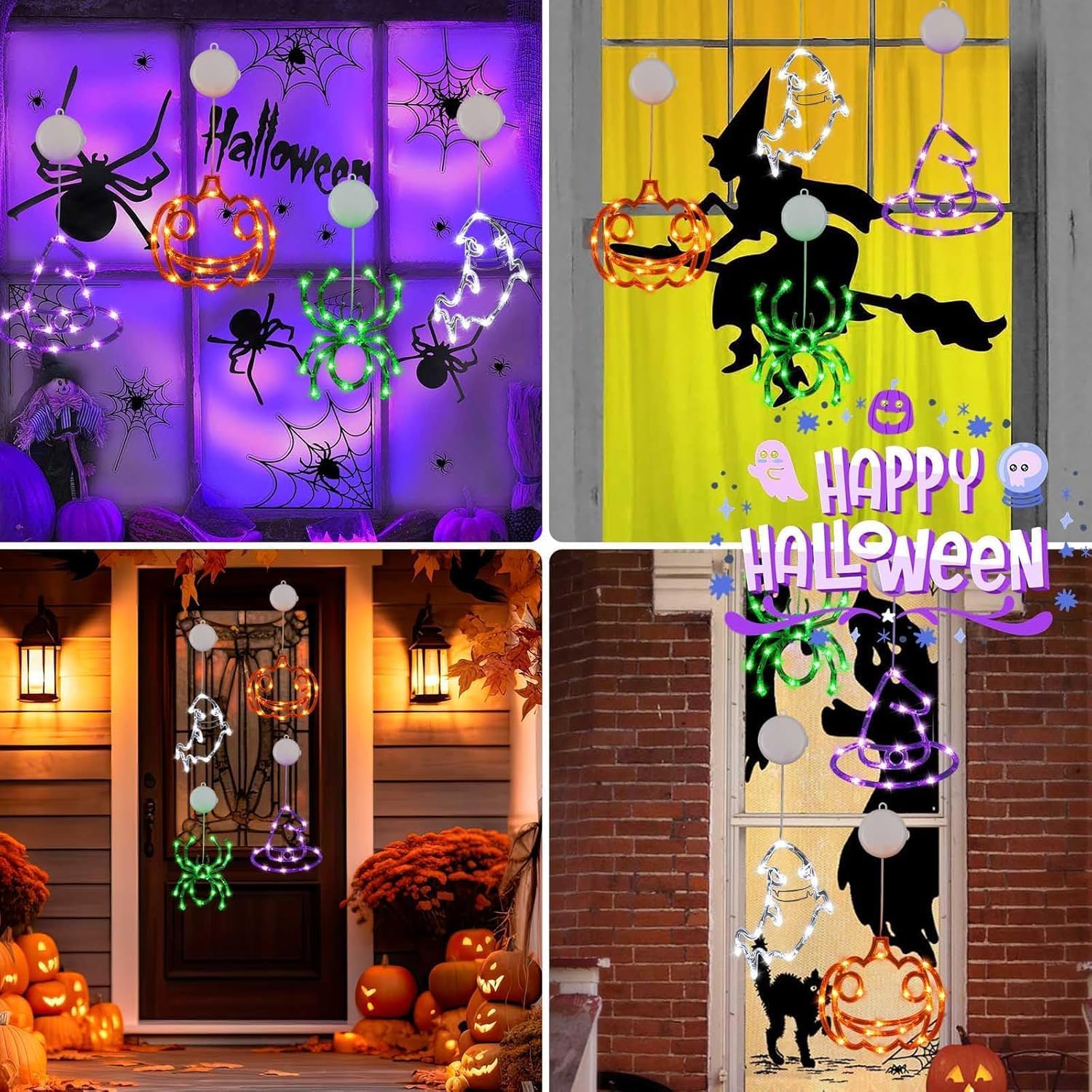 4 Pack Halloween Decorations, Orange Pumpkin, White Ghost, Purple Witch Hat, Green Spider Lights, Battery Operated Halloween Window Lights with Suction Cup and Timer for Decor