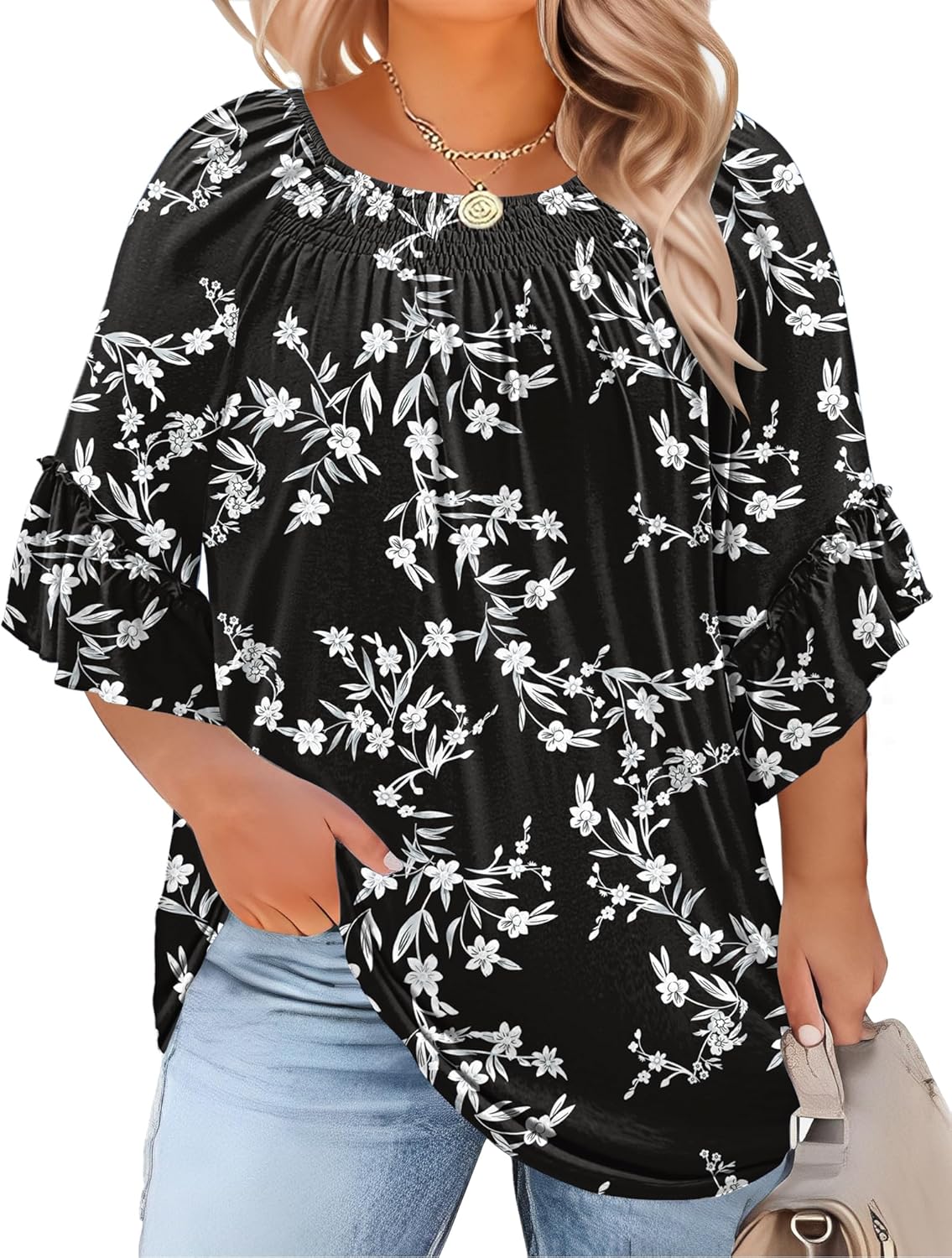 Micoson Womens Plus Size Tops 3/4 Ruffle Sleeve Shirts Crewneck Pleated Blouses Dressy Casual Fashion Tunic Top (1X-5X)