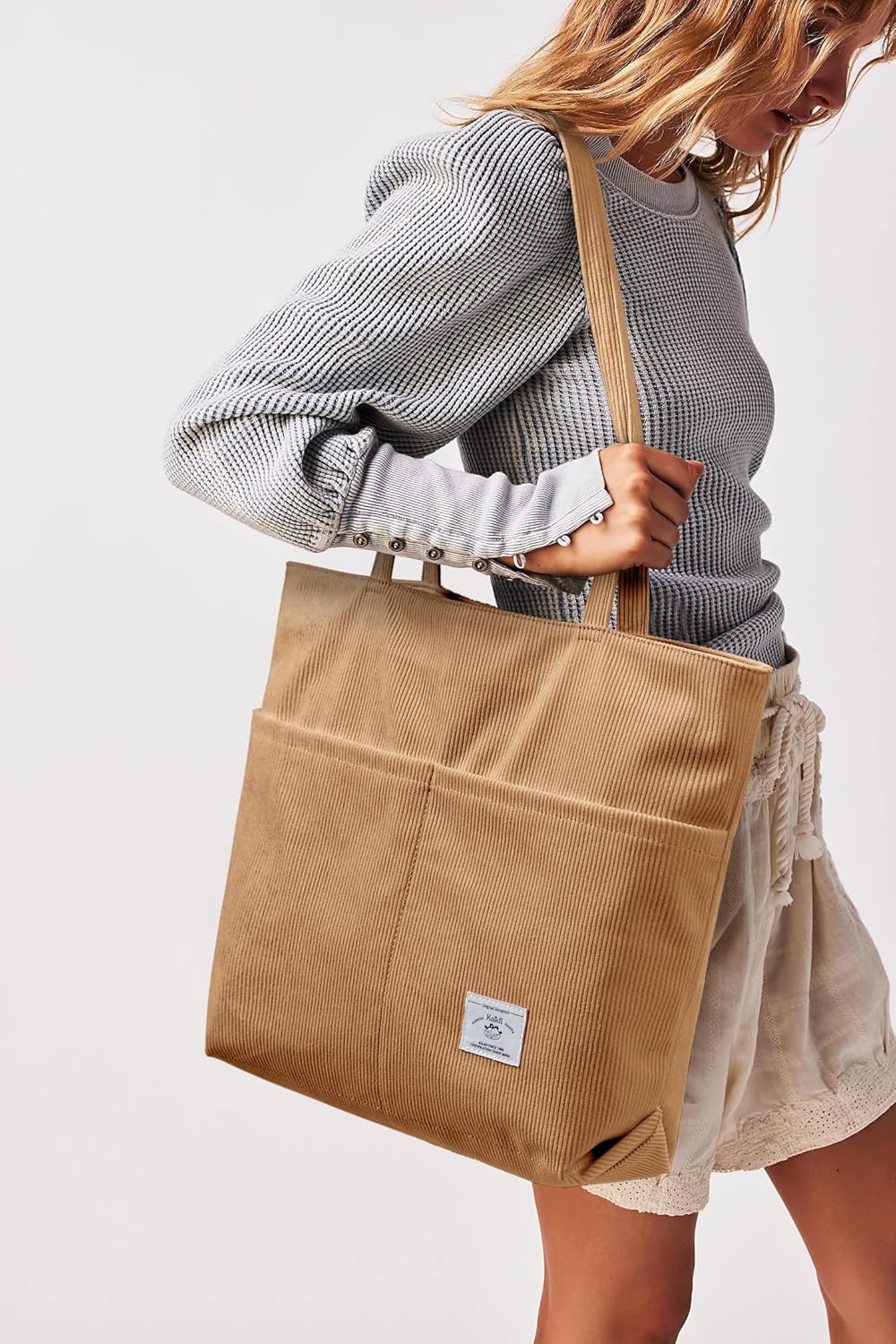 KALIDI Women Corduroy Tote Bag Zipper Casual Tote's Handbag Big Capacity Shoulder Bag with Pockets