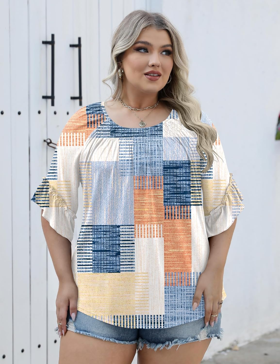 Micoson Womens Plus Size Tops 3/4 Ruffle Sleeve Shirts Crewneck Pleated Blouses Dressy Casual Fashion Tunic Top (1X-5X)