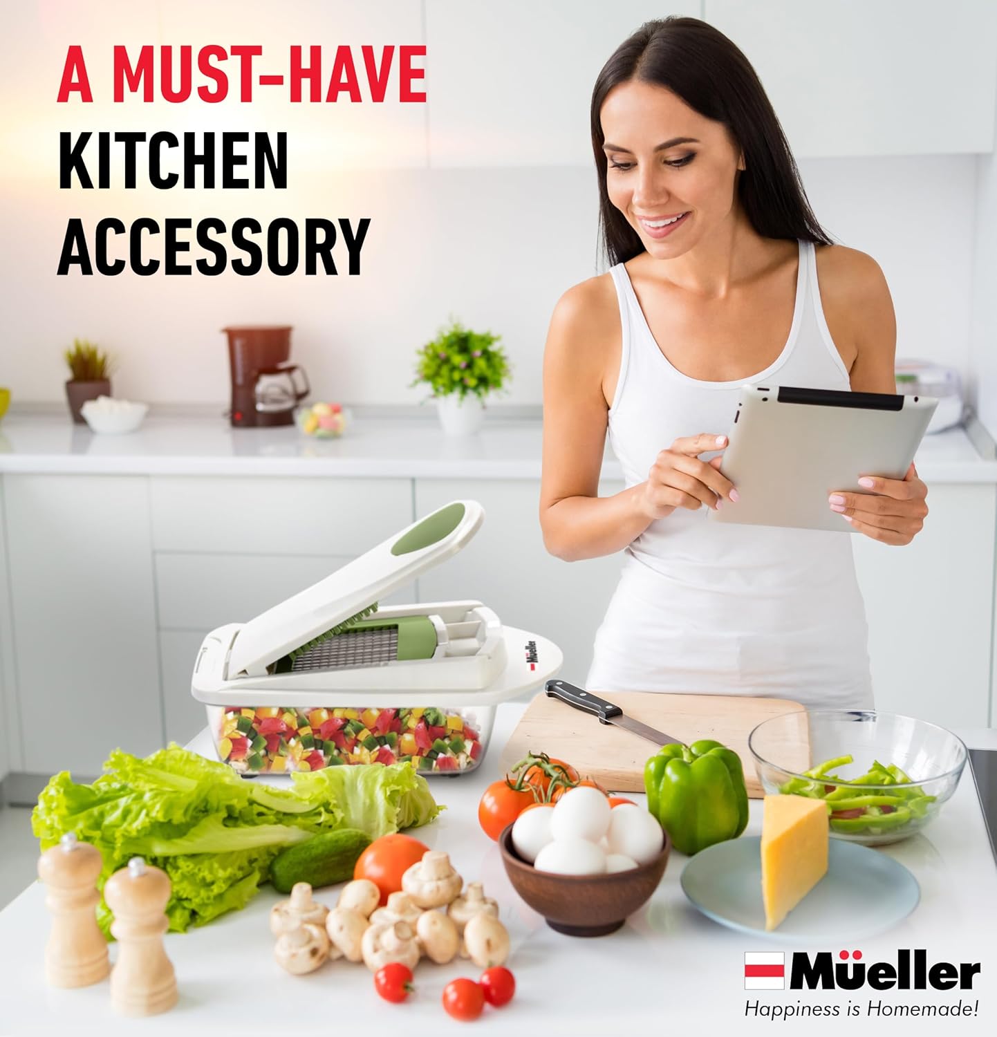 Mueller Pro-Series All-in-One, 12 Blade Mandoline Slicer for Kitchen, Food Chopper, Vegetable Slicer and Spiralizer, Cutter, Dicer, Grater, Kitchen Gadgets Sets with Container, White Sand/Gray