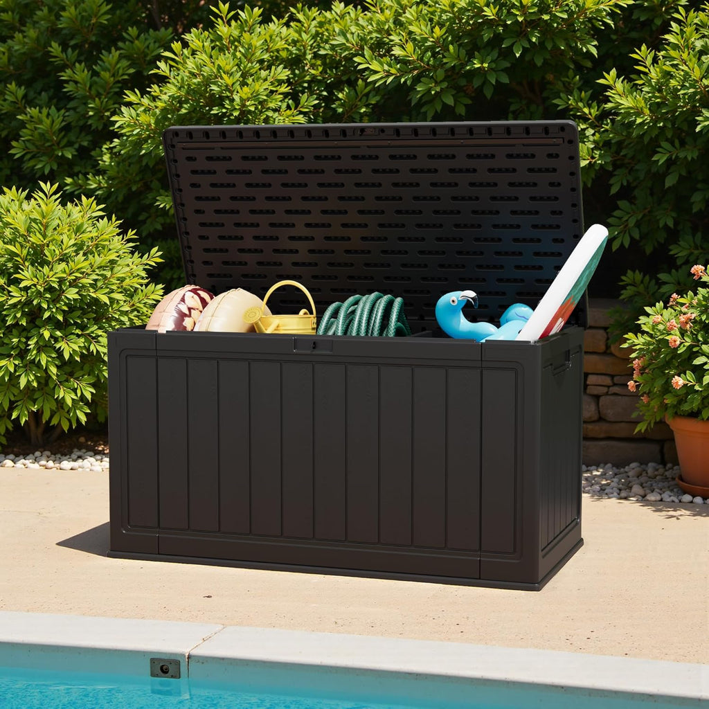 Greesum 31 Gallon Resin Deck Box Large Outdoor Storage for Patio Furniture, Garden Tools, Pool Supplies, Weatherproof and UV Resistant, Lockable, Dark Black