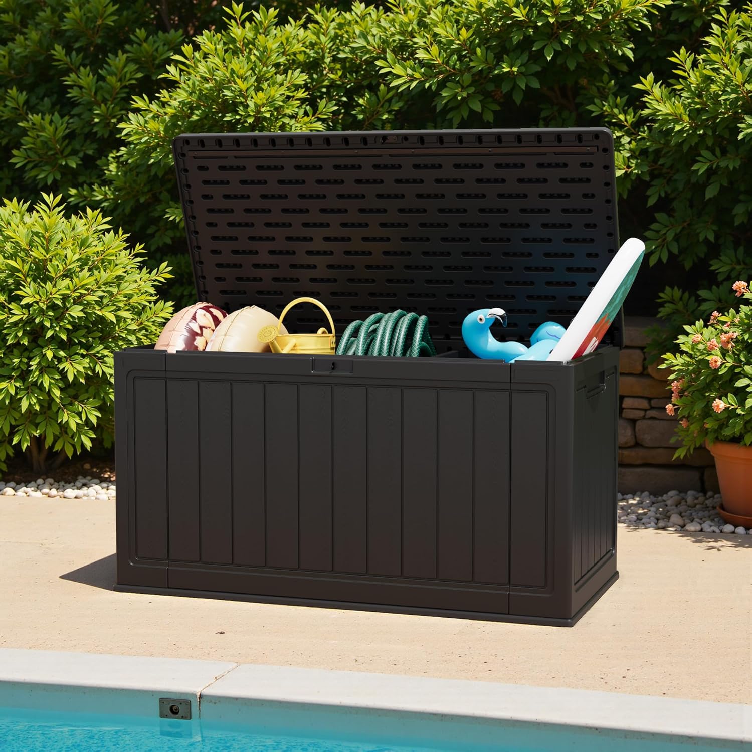 Greesum 31 Gallon Resin Deck Box Large Outdoor Storage for Patio Furniture, Garden Tools, Pool Supplies, Weatherproof and UV Resistant, Lockable, Dark Black