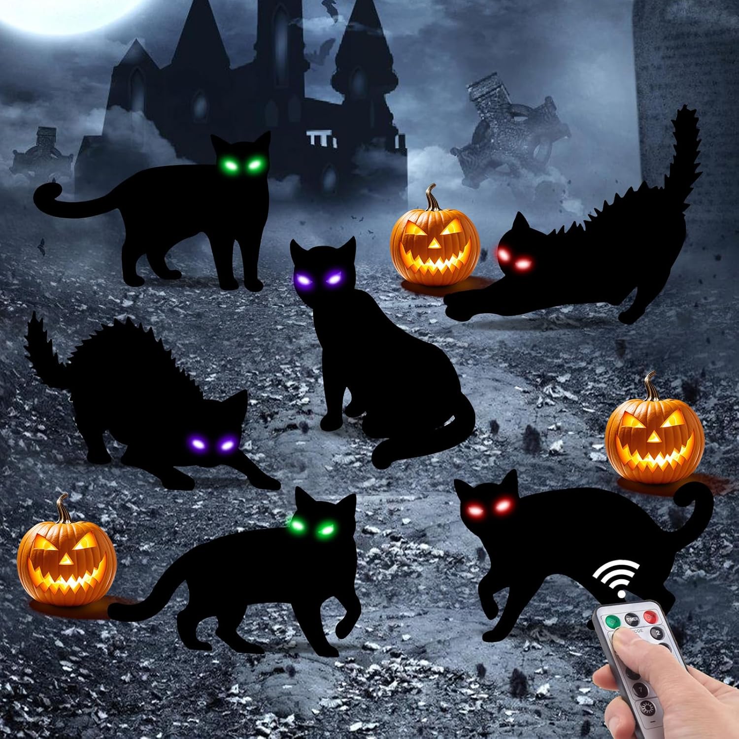6Pack Black Cat Halloween Decorations Outdoor with LED Glowing Eyes Lights Black Cat Yard Stakes Halloween Decor, Waterproof Outside Cats Blow up Scary Patio Lawn Decorations