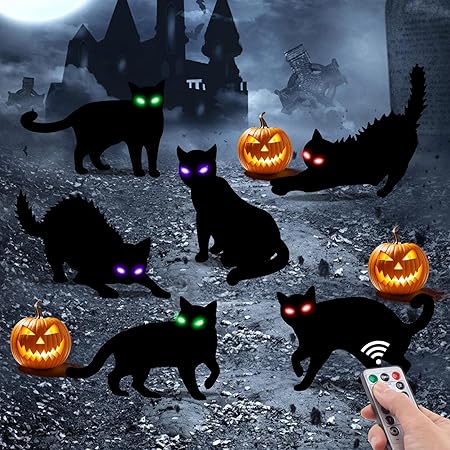 6Pack Black Cat Halloween Decorations Outdoor with LED Glowing Eyes Lights Black Cat Yard Stakes Halloween Decor, Waterproof Outside Cats Blow up Scary Patio Lawn Decorations
