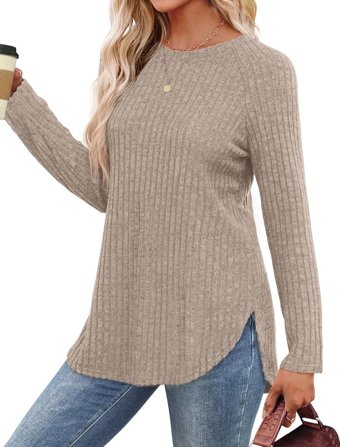 Saloogoe Long Sleeve Shirts for Women 2025 Fall Clothes Tunic Tops Loose Fit Dressy Crewneck Pullover Sweaters Curved Hem