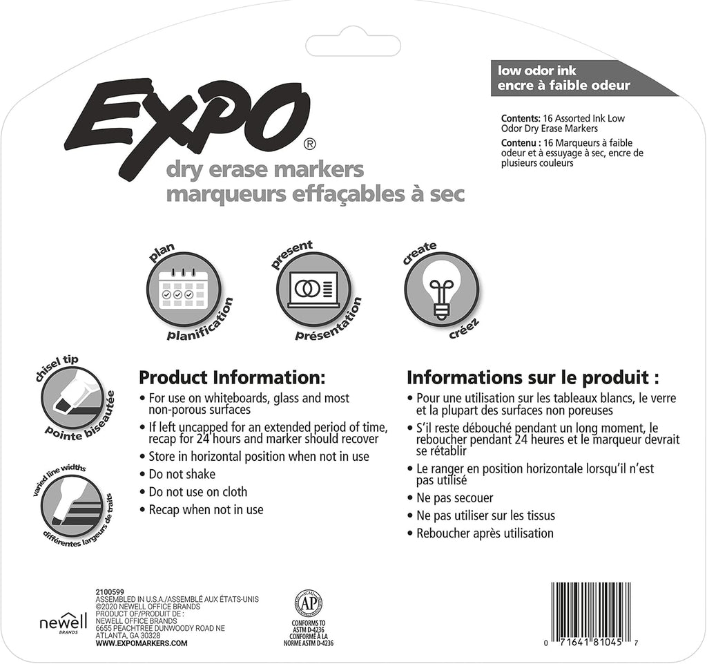 EXPO Dry Erase Markers, Low Odor Ink, Assorted Colors, Chisel Tip, 12 Count - Easily Erases, Vibrant Ink, Ideal for Classroom, Back to School Supplies, Teachers, Office, Whiteboard & Home