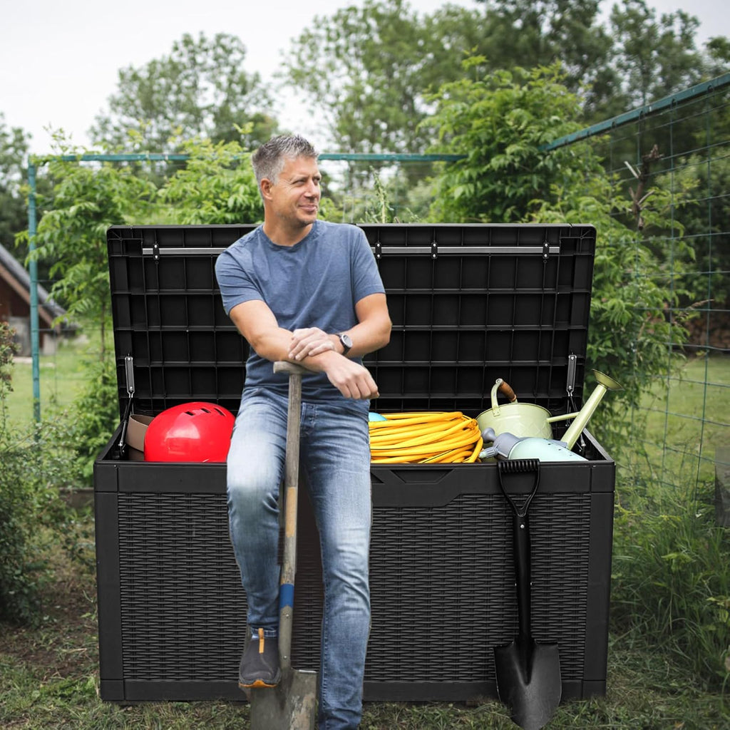 Greesum 31 Gallon Resin Deck Box Large Outdoor Storage for Patio Furniture, Garden Tools, Pool Supplies, Weatherproof and UV Resistant, Lockable, Dark Black