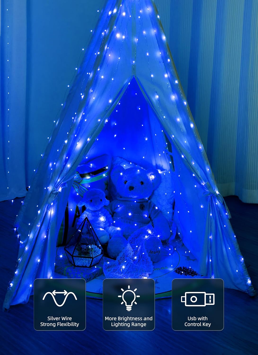 Brightown 300 LED Fairy Curtain Lights, 9.8ft x 9.8ft Warm White Curtain String Lights, USB Plug in 8 Lighting Modes Christmas Decoration, Hanging Lights with Remote for Bedroom Indoor Weddings Dorm