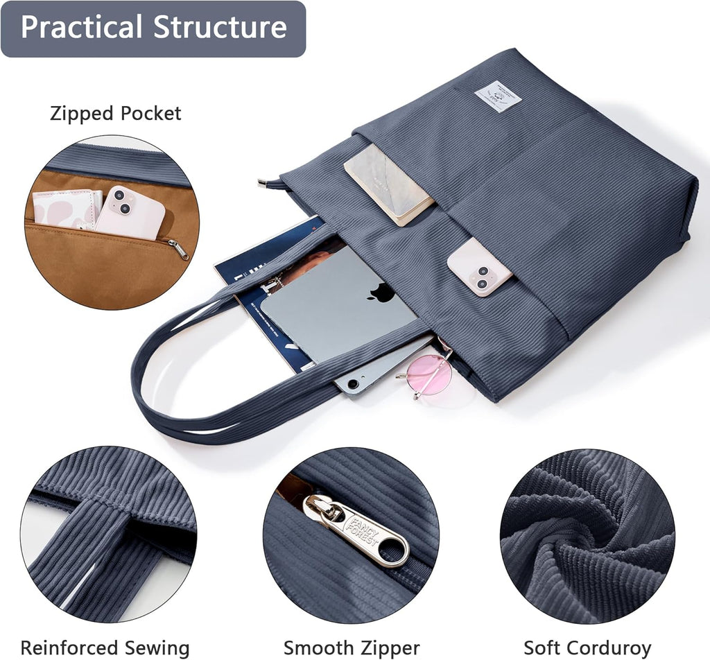 KALIDI Women Corduroy Tote Bag Zipper Casual Tote's Handbag Big Capacity Shoulder Bag with Pockets