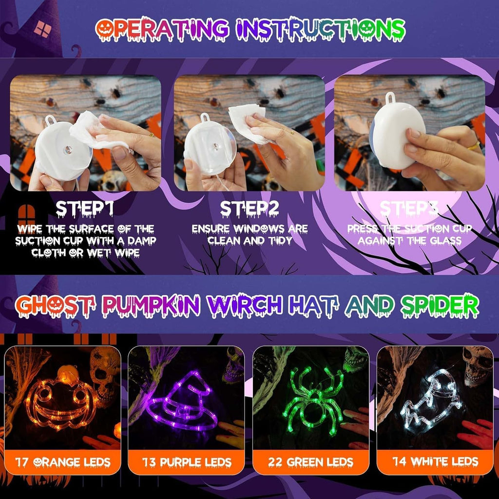 4 Pack Halloween Decorations, Orange Pumpkin, White Ghost, Purple Witch Hat, Green Spider Lights, Battery Operated Halloween Window Lights with Suction Cup and Timer for Decor