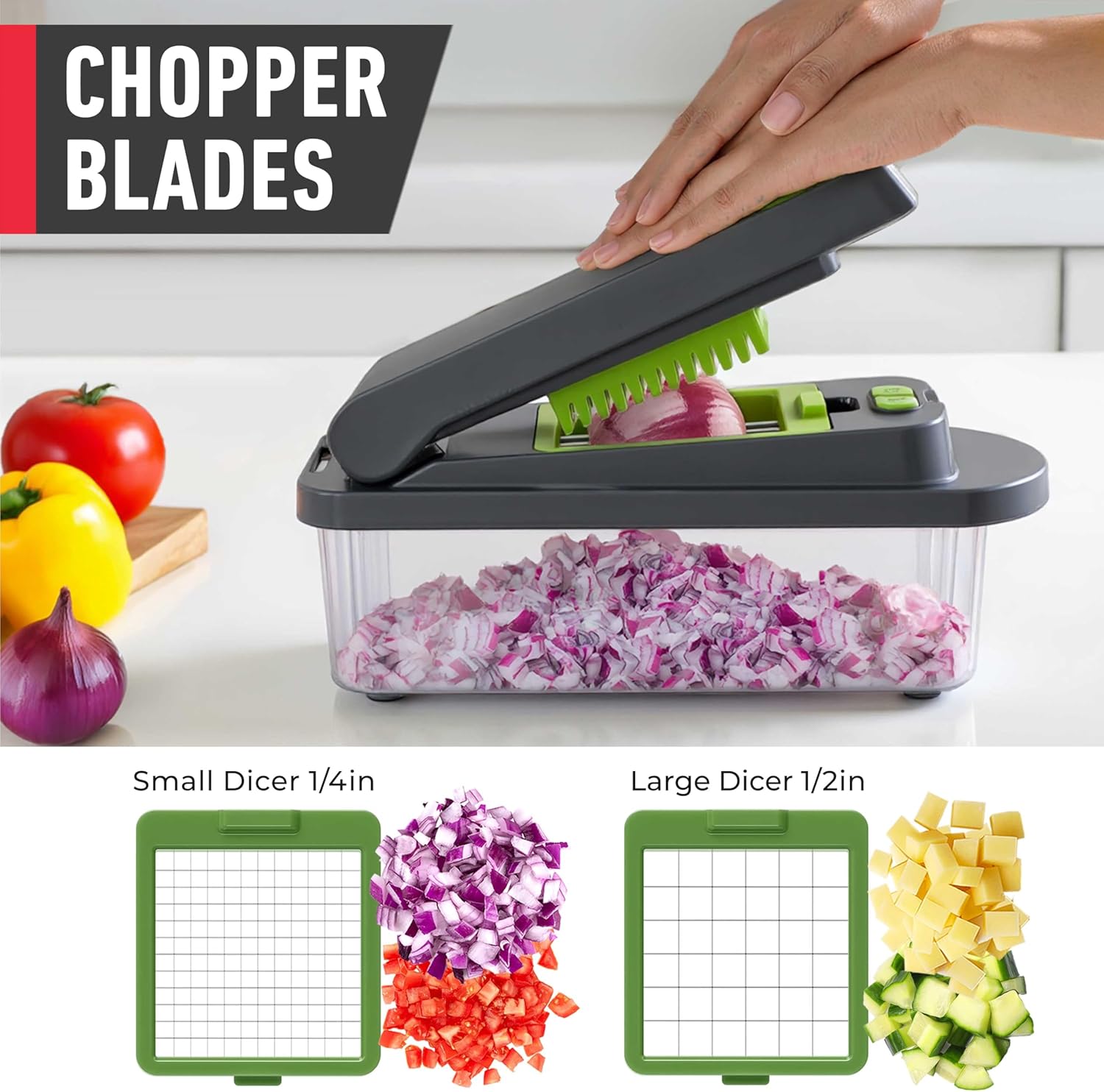 Mueller Pro-Series All-in-One, 12 Blade Mandoline Slicer for Kitchen, Food Chopper, Vegetable Slicer and Spiralizer, Cutter, Dicer, Grater, Kitchen Gadgets Sets with Container, White Sand/Gray