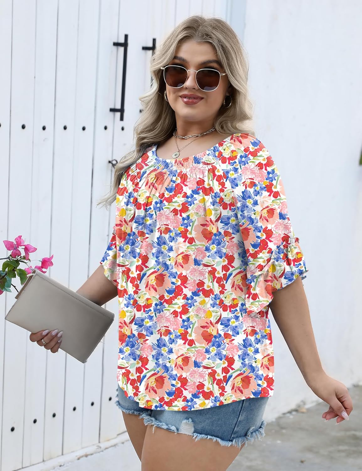 Micoson Womens Plus Size Tops 3/4 Ruffle Sleeve Shirts Crewneck Pleated Blouses Dressy Casual Fashion Tunic Top (1X-5X)