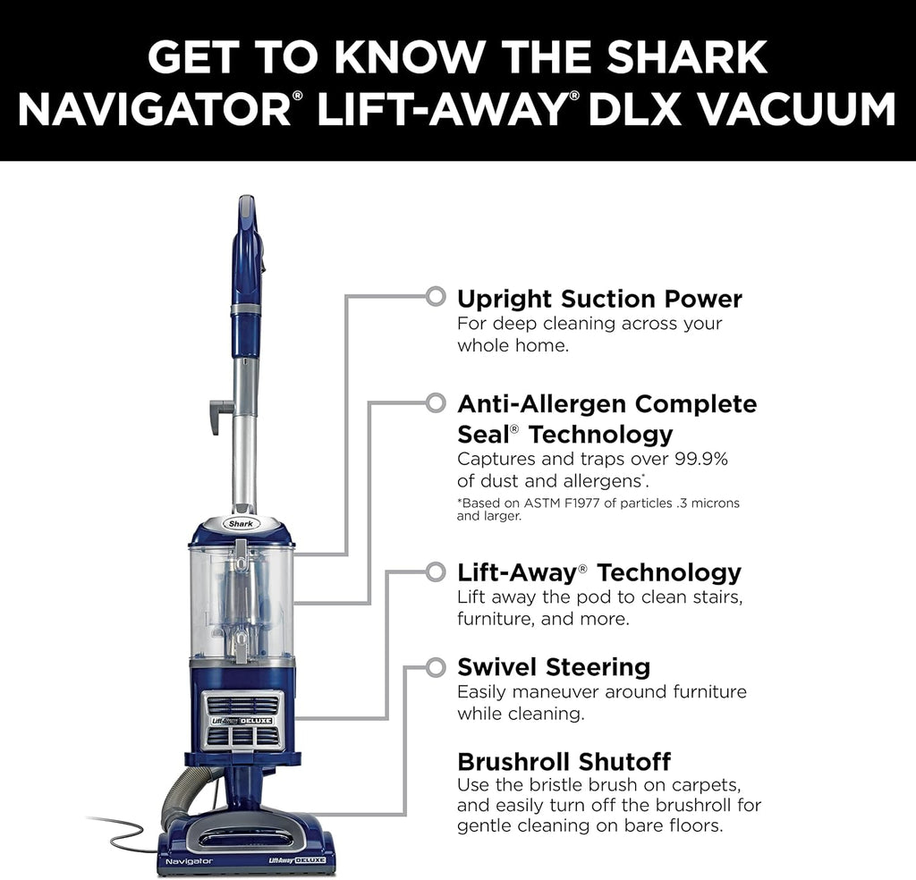 Shark NV352 Navigator Lift Away Upright Vacuum, Hepa Filter, Anti-Allergen Technology, Swivel Steering, Ideal for Carpet, Stairs, & Bare Floors, with Wide Upholstery & Crevice Tools, Lavender