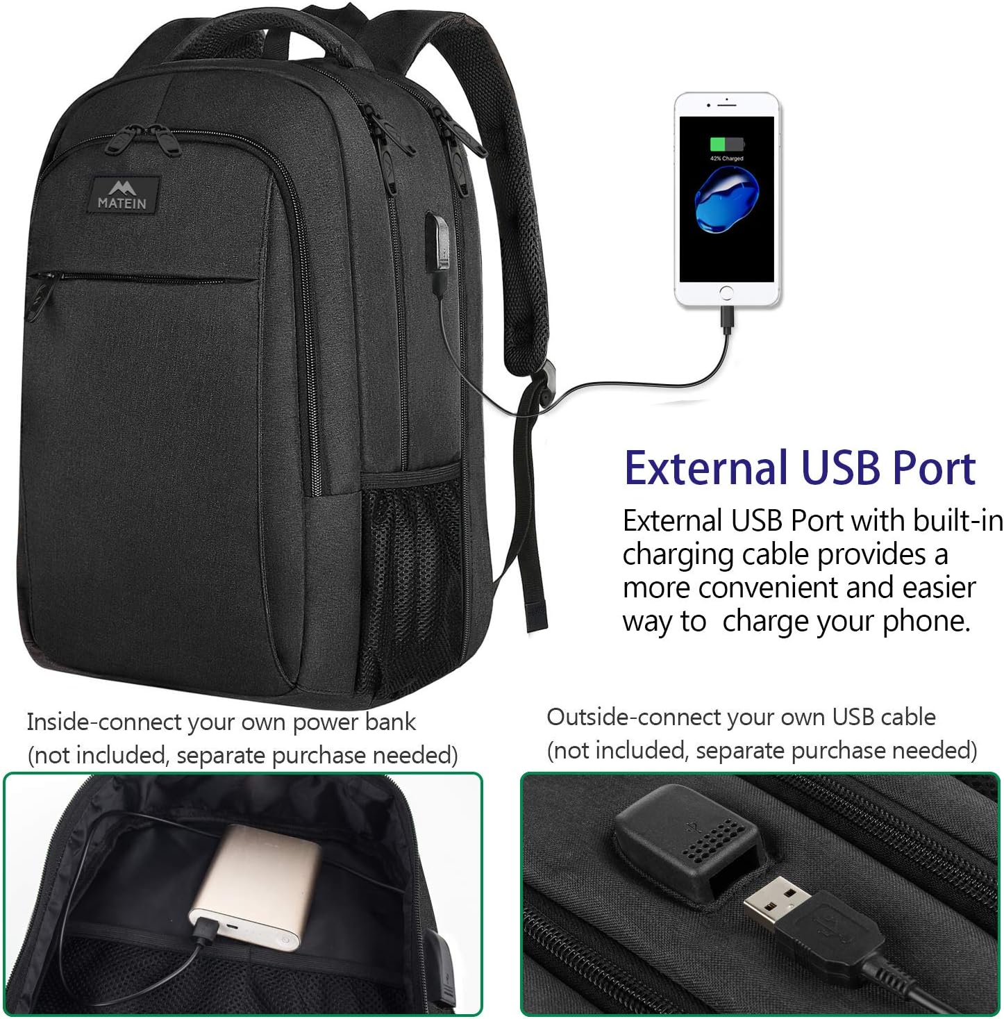 MATEIN Travel Laptop Backpack, Business Anti Theft Slim Sturdy Laptops Backpack with USB Charging Port, Water Resistant College School Computer Bag Gift for Men & Women Fits 15.6 Inch Notebook, Grey