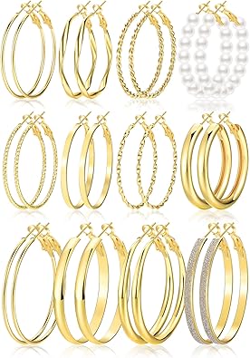 Gold Hoop Earrings Set for Women, 12 Pairs Hypoallergenic Large/Big Thin Thick Gold Hoops Earrings Loop Pack for Jewelry Gift 40mm/50mm
