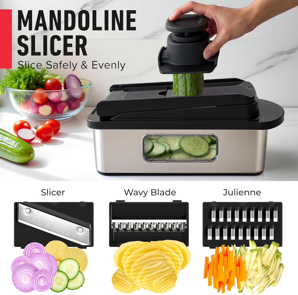 Mueller Pro-Series All-in-One, 12 Blade Mandoline Slicer for Kitchen, Food Chopper, Vegetable Slicer and Spiralizer, Cutter, Dicer, Grater, Kitchen Gadgets Sets with Container, White Sand/Gray
