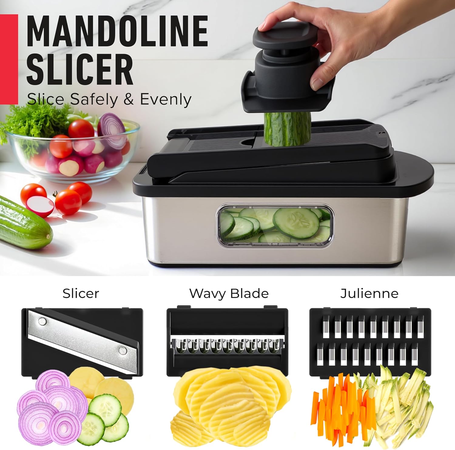 Mueller Pro-Series All-in-One, 12 Blade Mandoline Slicer for Kitchen, Food Chopper, Vegetable Slicer and Spiralizer, Cutter, Dicer, Grater, Kitchen Gadgets Sets with Container, White Sand/Gray
