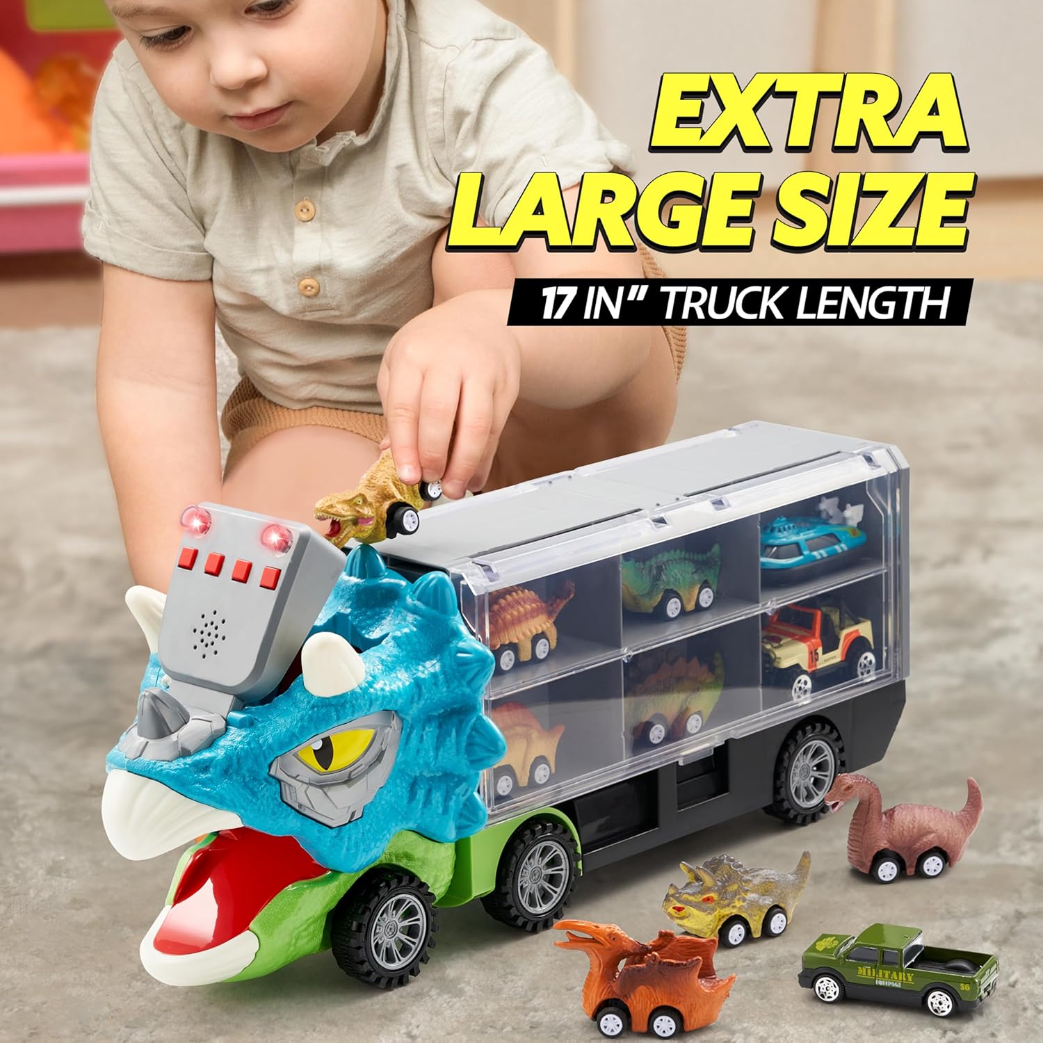 JOYIN 13 in 1 Dinosaur Toys for Kids 3-5, Dinosaur Truck with 12 Pull Back Cars, Birthday Gifts Toys for 3 4 5+ Year Old Boy, Transport Carrier Truck for Toddlers, Christmas Great Gifts for Grandkids