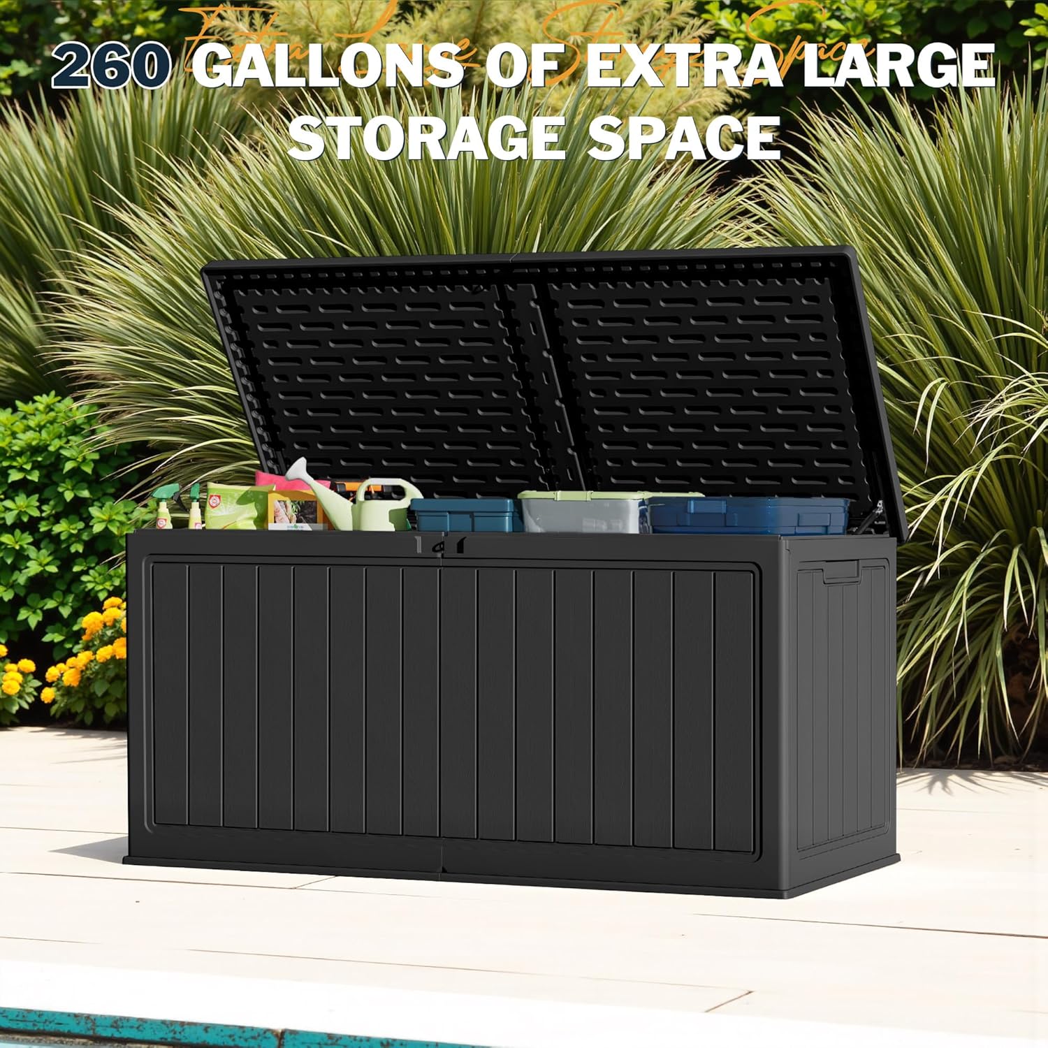 Greesum 31 Gallon Resin Deck Box Large Outdoor Storage for Patio Furniture, Garden Tools, Pool Supplies, Weatherproof and UV Resistant, Lockable, Dark Black