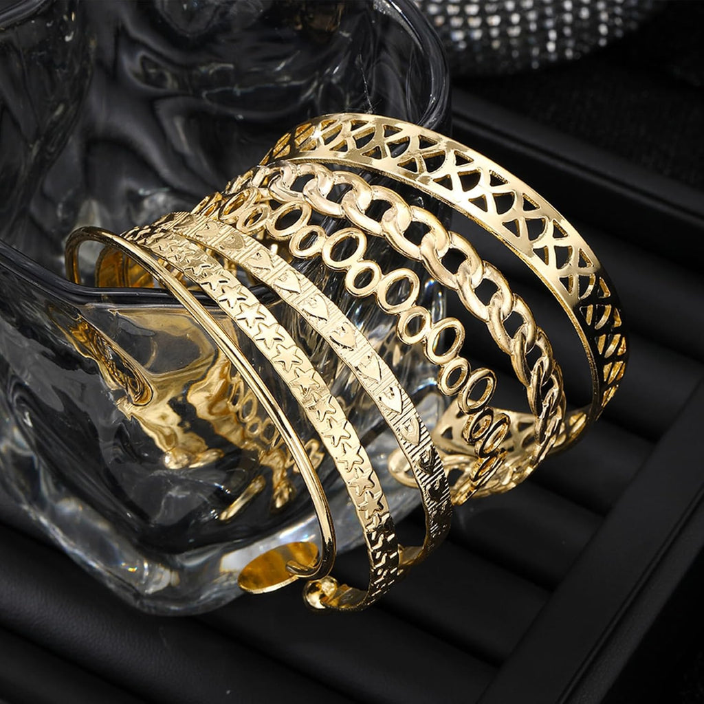 IFKM Gold Bangle Bracelets For Women, 14k Gold Plated Multi Layer Stackable Cuff Bracelet Set, Trendy Elegance Charms Non Tarnish Minimalist Textured Boho Jewelry Gift for Women