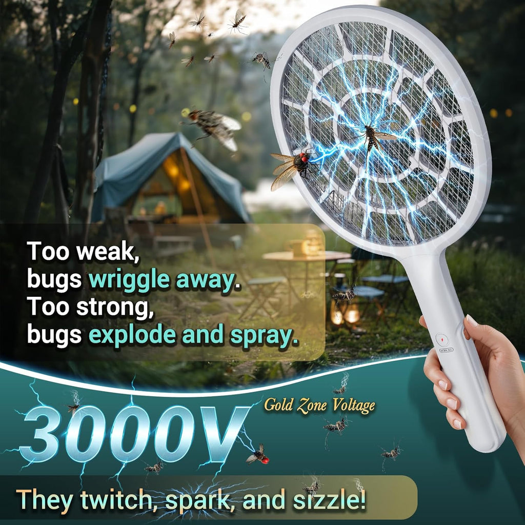 Electric Fly Swatter, Bug Zapper, Mosquito Zapper Racket | Gold Zone Voltage, Densest 3 mm Mesh, Apple-Like Weight - AA Battery Powered (not incl.) - Indoor & Outdoor Use with Pro Swat Tips