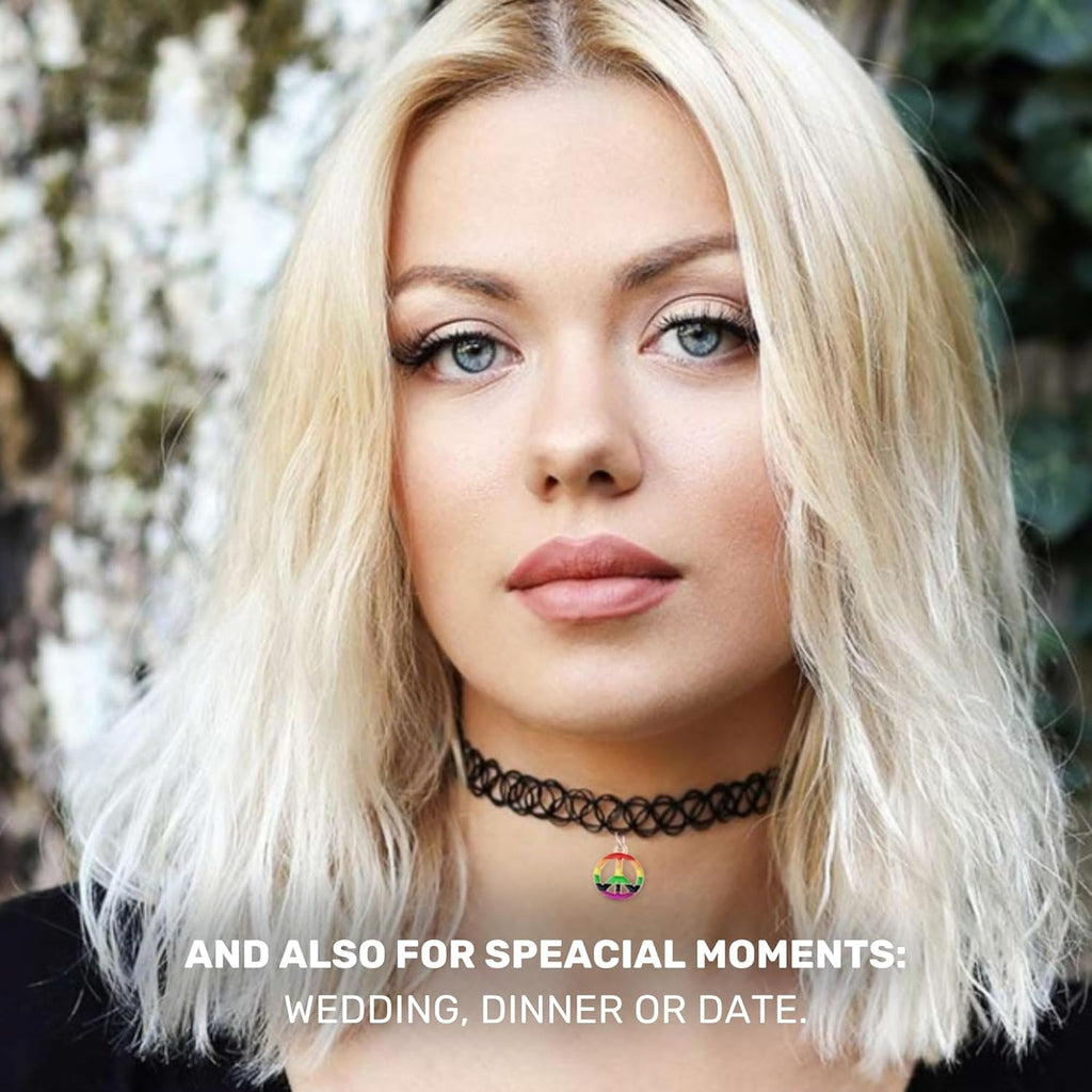 BodyJ4You 2PC Tattoo Choker Necklace - 90s Choker Necklace Women - 2000s Y2K Black Chokers Rainbow Choker - Butterfly Ying Yang Unicorn Rainbow Charms - Stretchy Elastic Necklace