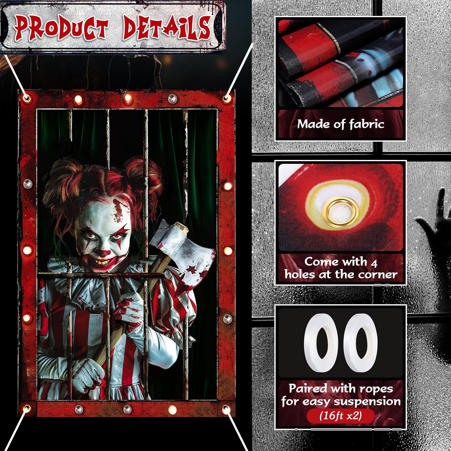 2 Pcs Halloween Clown Scary Curtain Halloween Window Silhouette Decoration Blood Ghost Window Cover Horror Theme Window Poster for Indoor Outdoor Party Wall Garage Door Decor