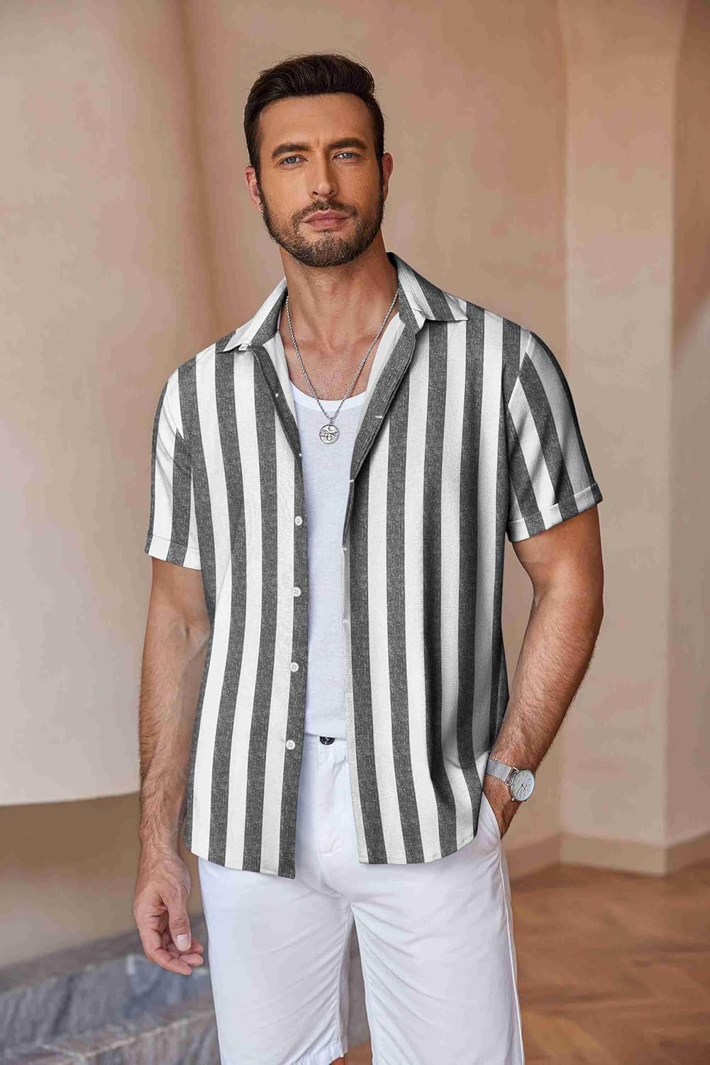 COOFANDY Men's Linen Shirts Short Sleeve Casual Shirts Button Down Shirt for Men Beach Summer Wedding Shirt