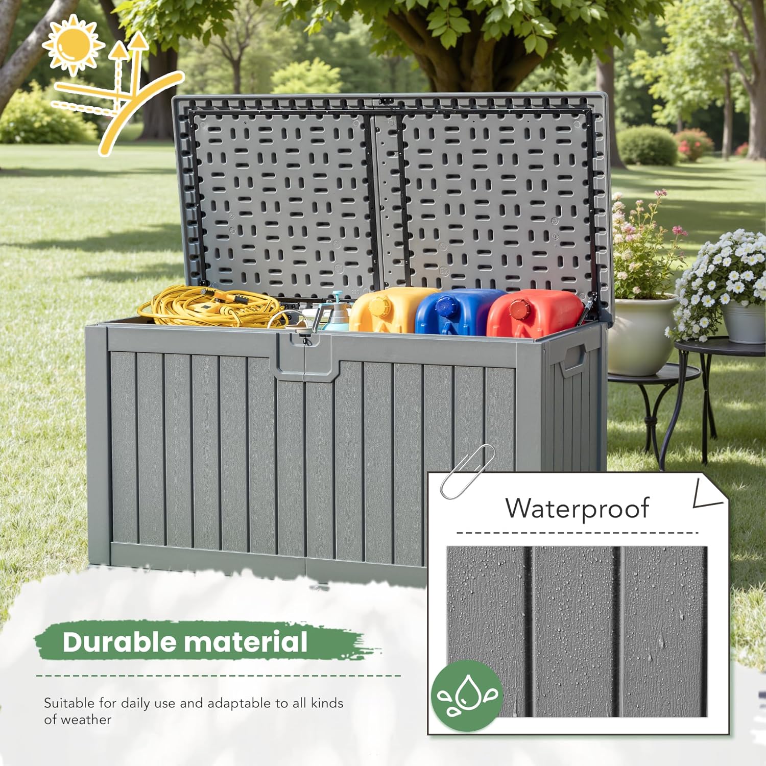 Greesum 31 Gallon Resin Deck Box Large Outdoor Storage for Patio Furniture, Garden Tools, Pool Supplies, Weatherproof and UV Resistant, Lockable, Dark Black
