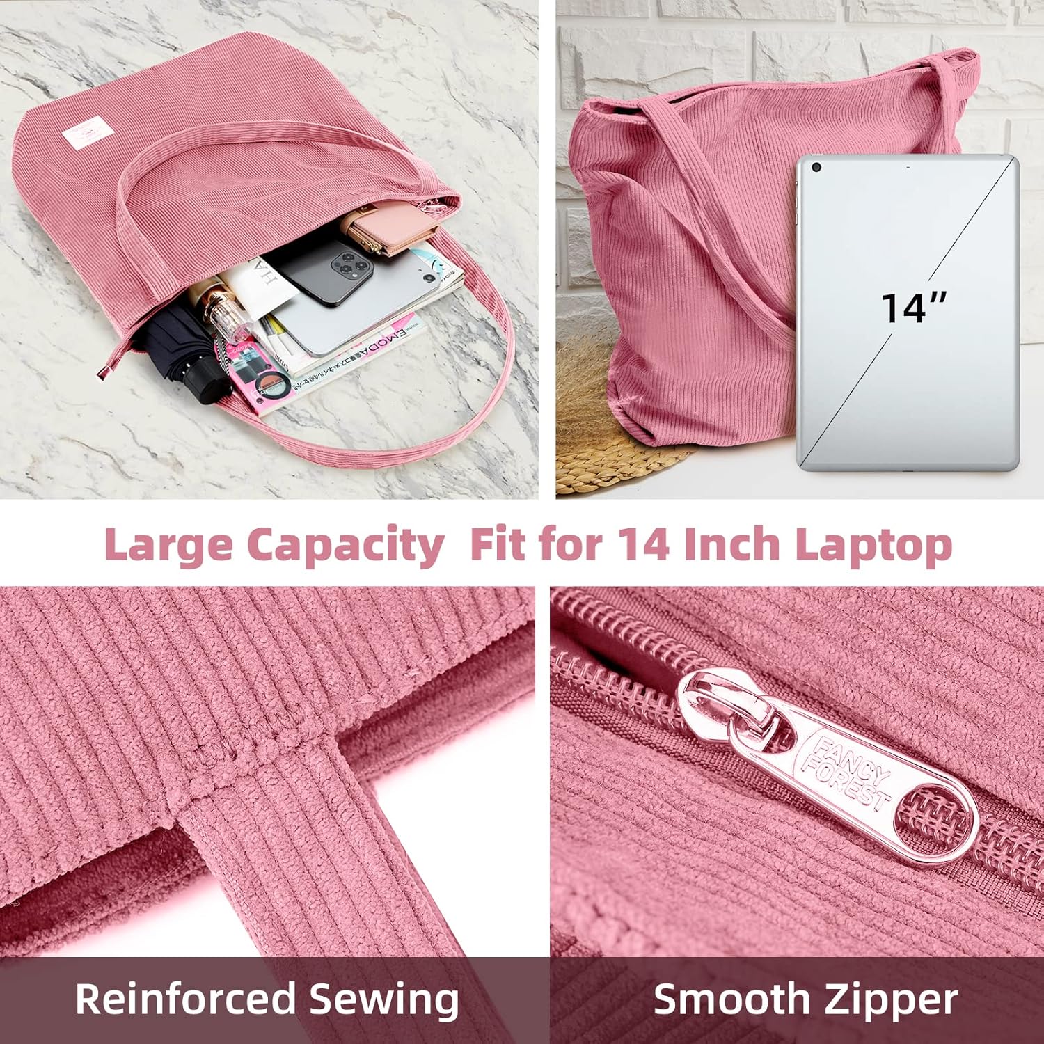 KALIDI Women Corduroy Tote Bag Zipper Casual Tote's Handbag Big Capacity Shoulder Bag with Pockets